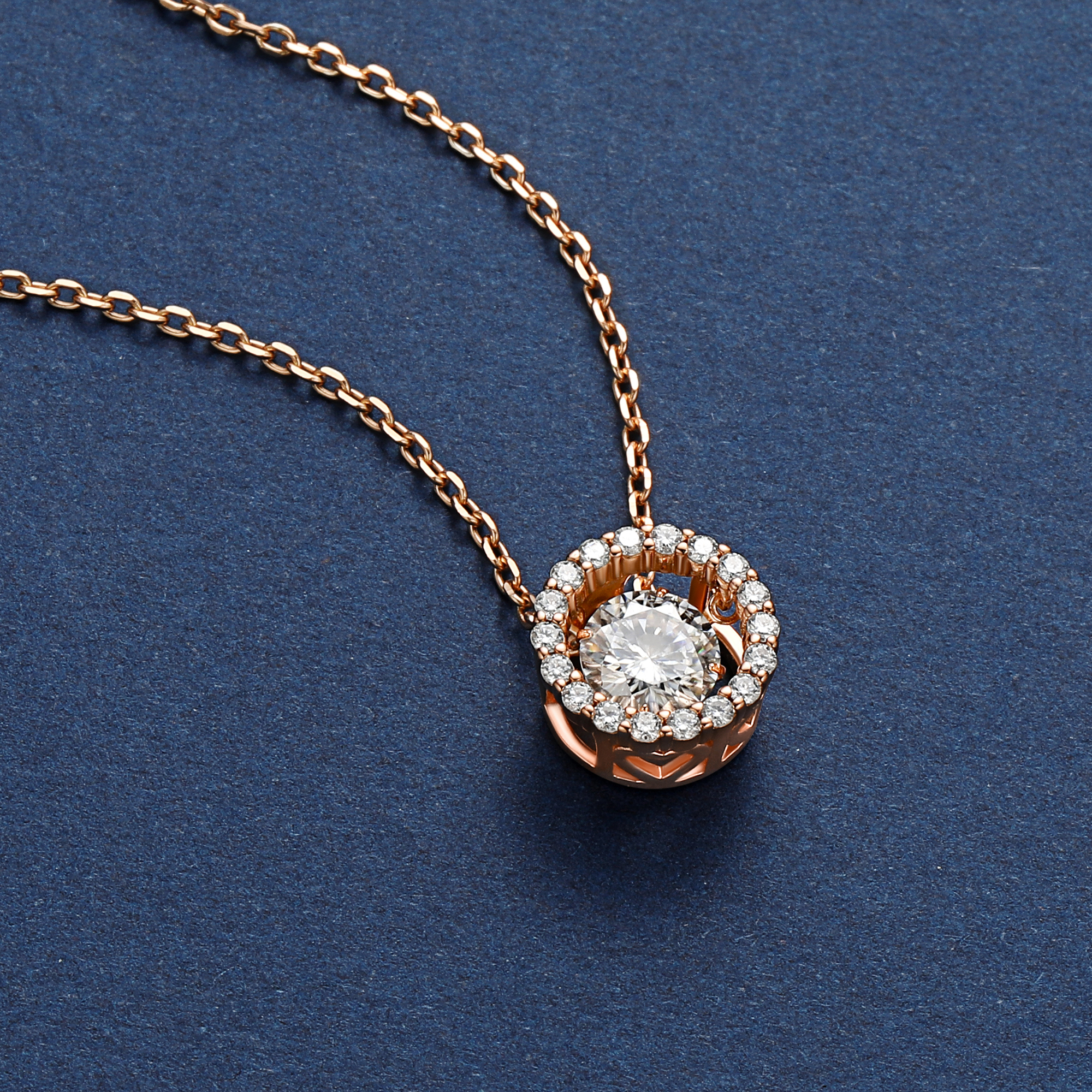 Halo Round Pendant Floating Necklace with 0.5 Ct. VVS1 Dancing Stone Moissanite in Rose Gold-02