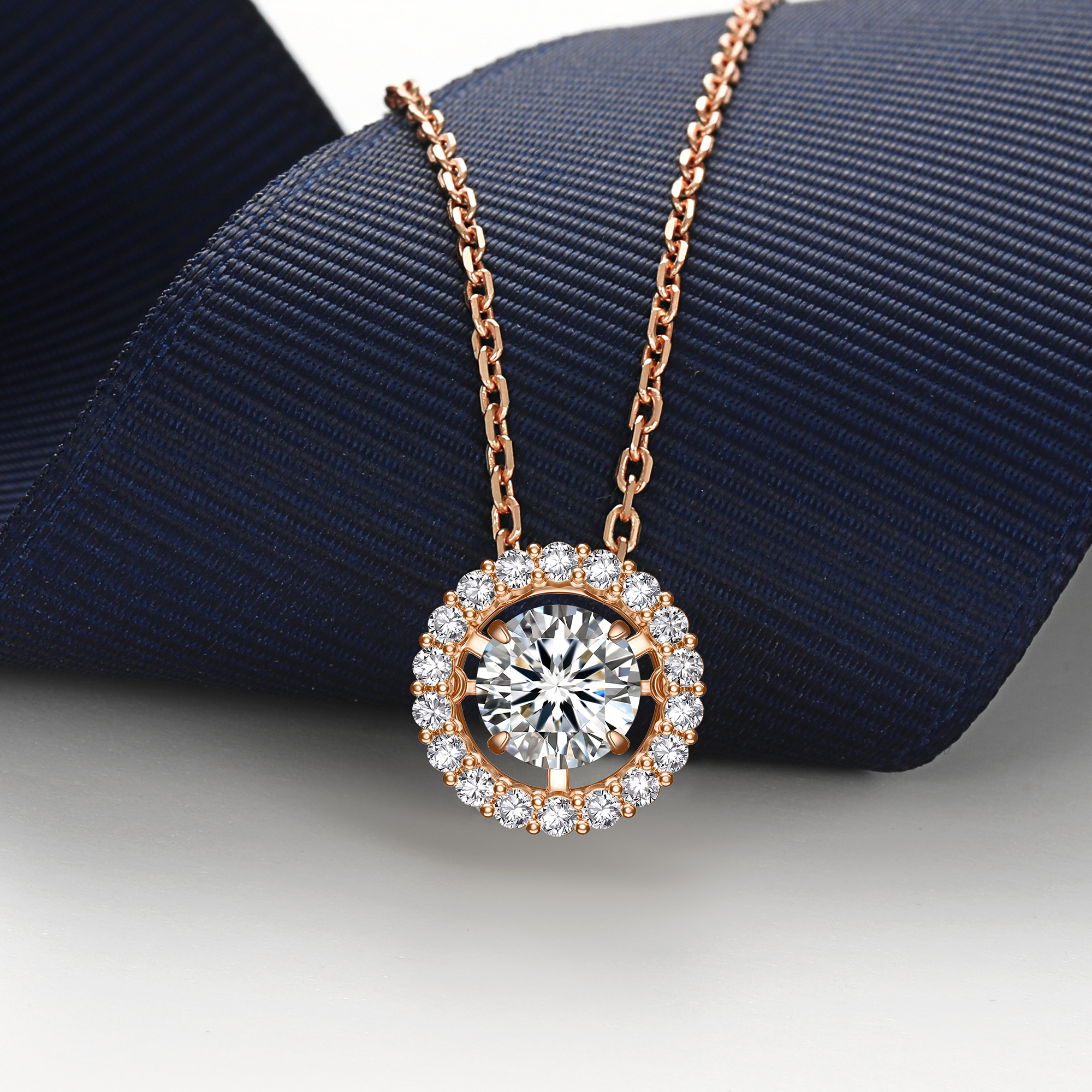 Halo Round Pendant Floating Necklace with 1 Ct. VVS1 Dancing Stone Moissanite in Rose Gold-01