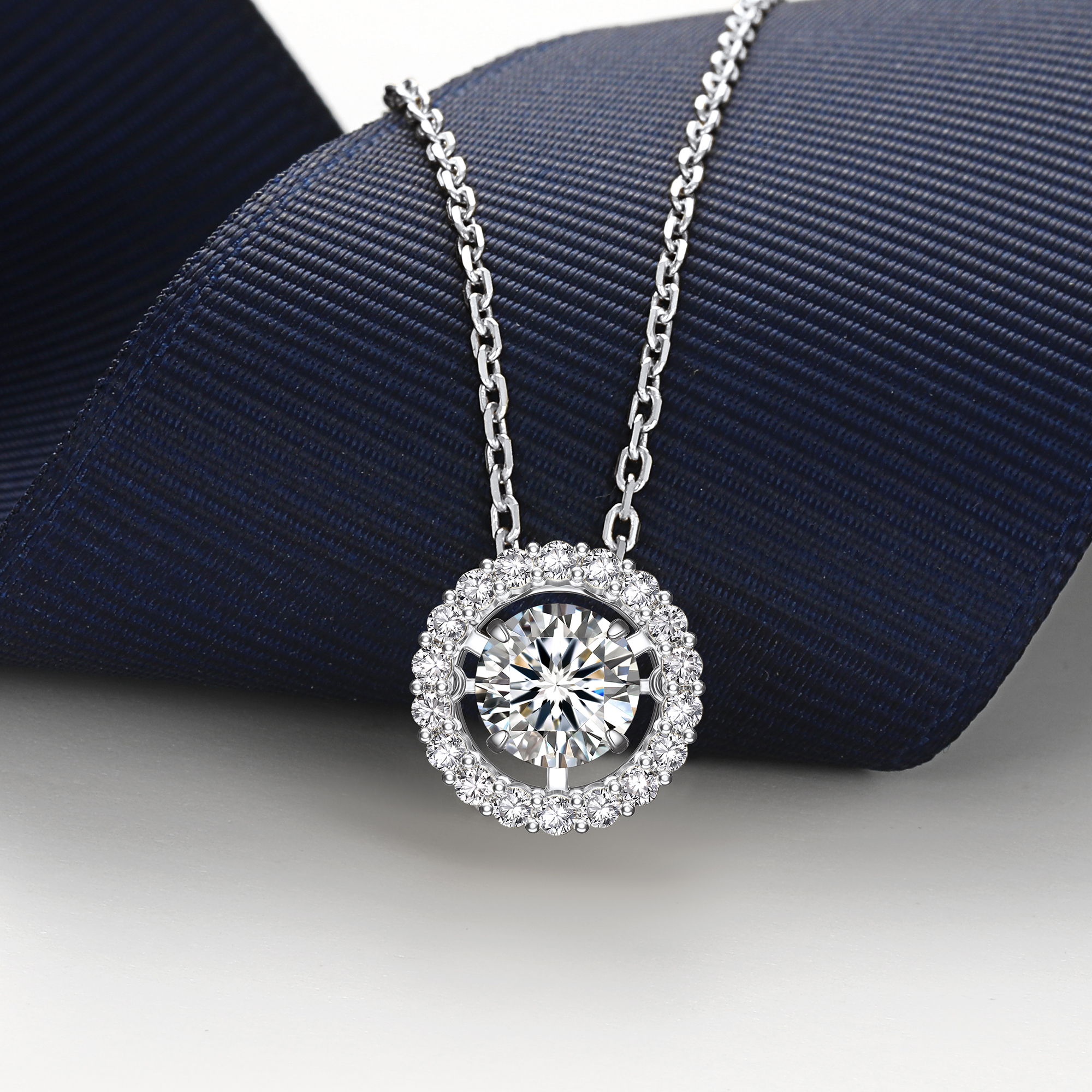 Halo Round Pendant Floating Necklace with 1 Ct. VVS1 Dancing Stone Moissanite in White Gold-01
