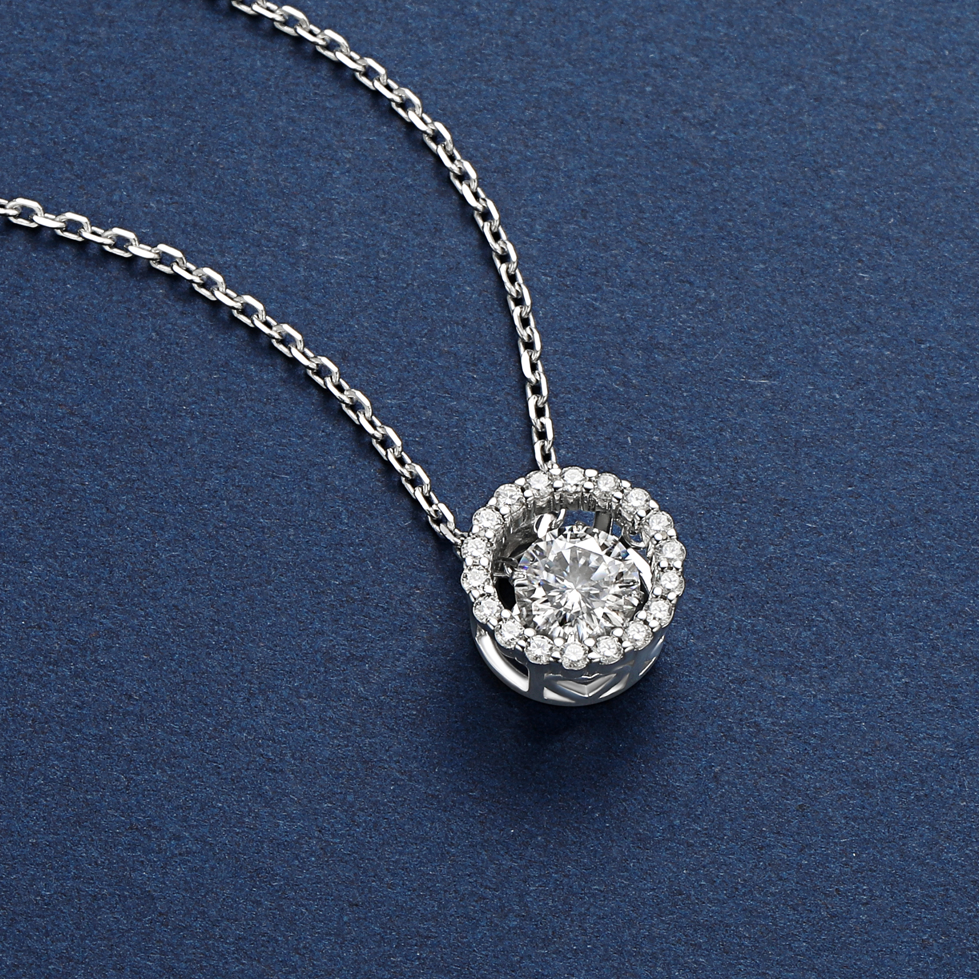 Halo Round Pendant Floating Necklace with 1 Ct. VVS1 Dancing Stone Moissanite in White Gold-02