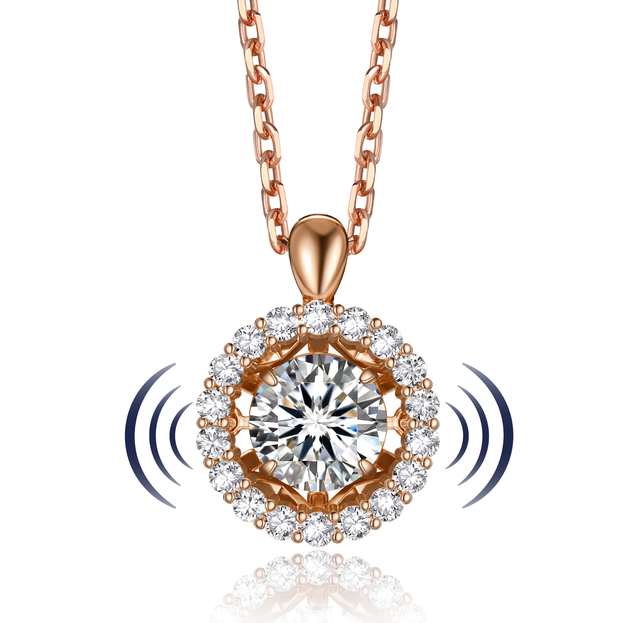 Halo Round Pendant Necklace with 1 Ct. VVS1 Dancing Stone Moissanite in Rose Gold