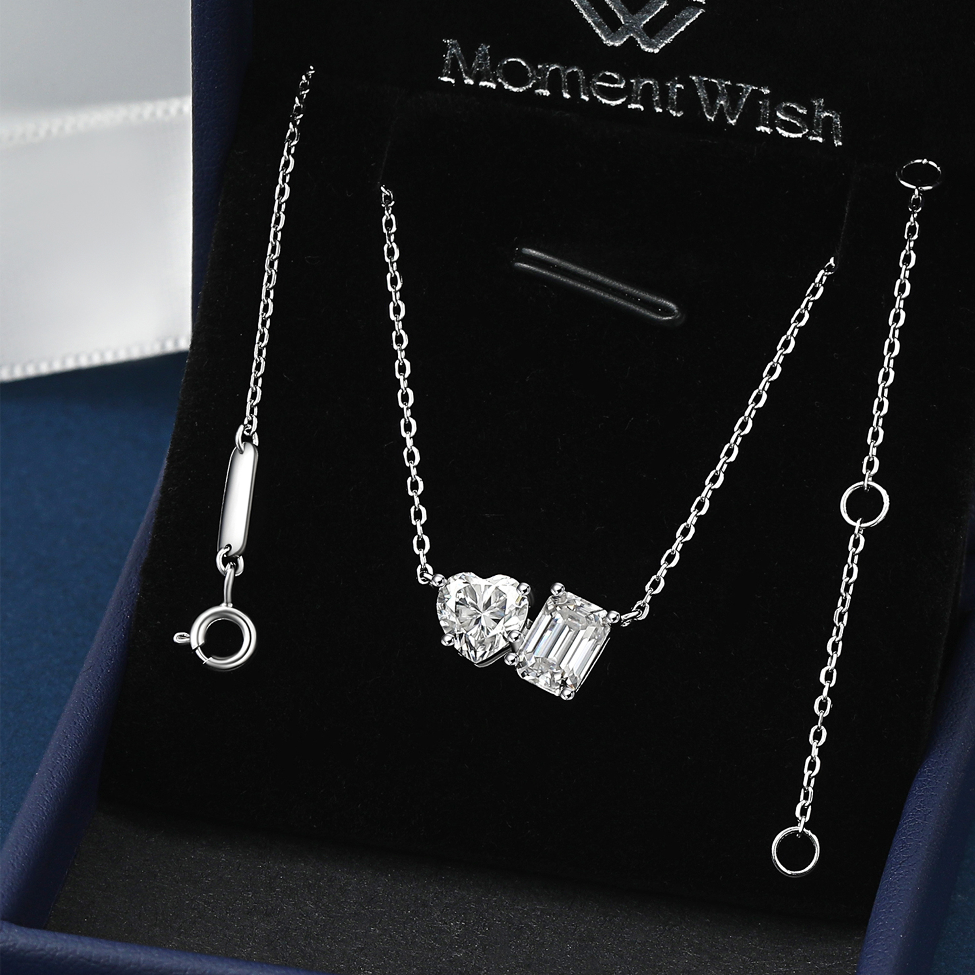 Heart and Emerald Cut Toi Et Moi Moissanite Necklace in White Gold-Gift Box