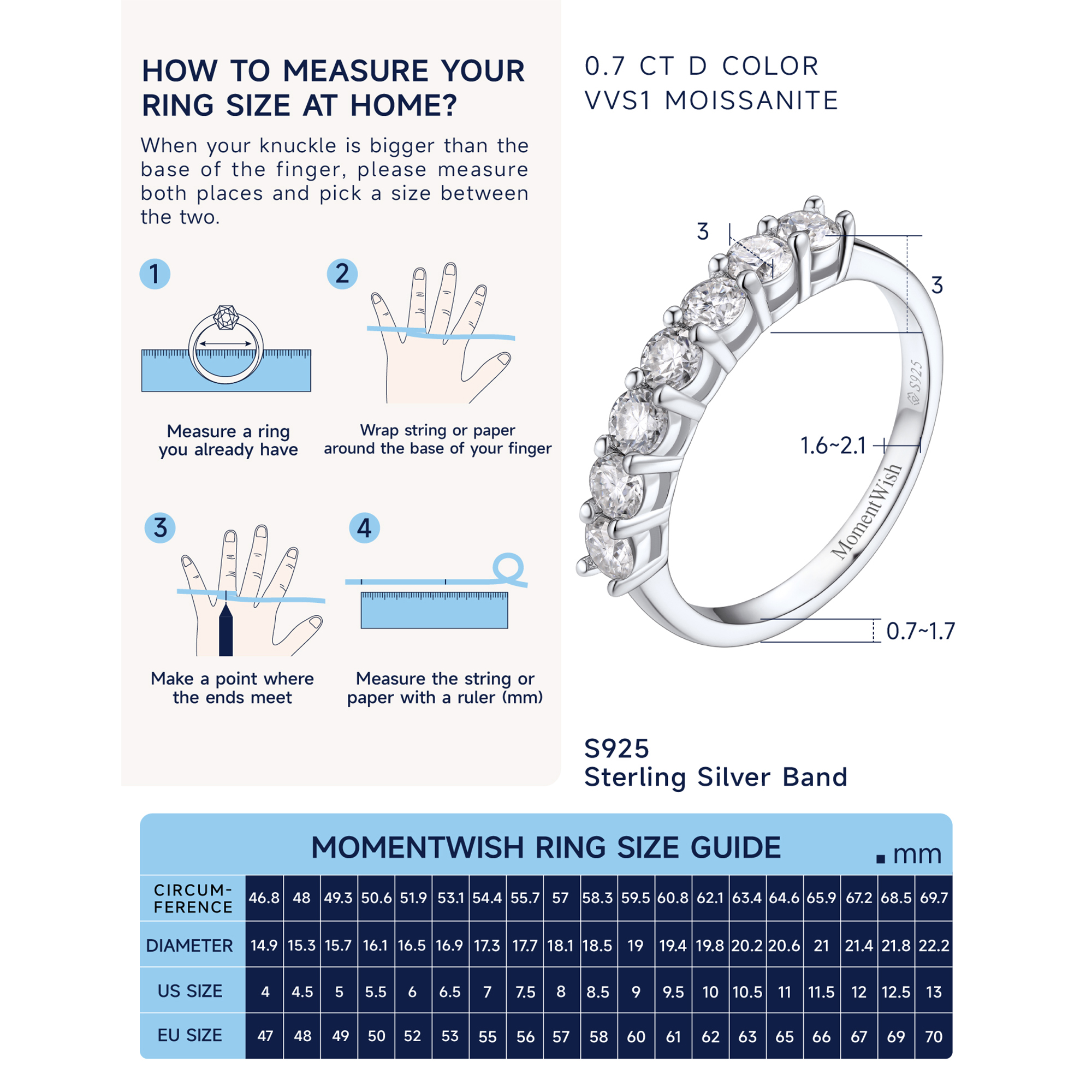 How to Measure 0.7 Carat Seven-Stone Moissanite Eternity Wedding Ring Size