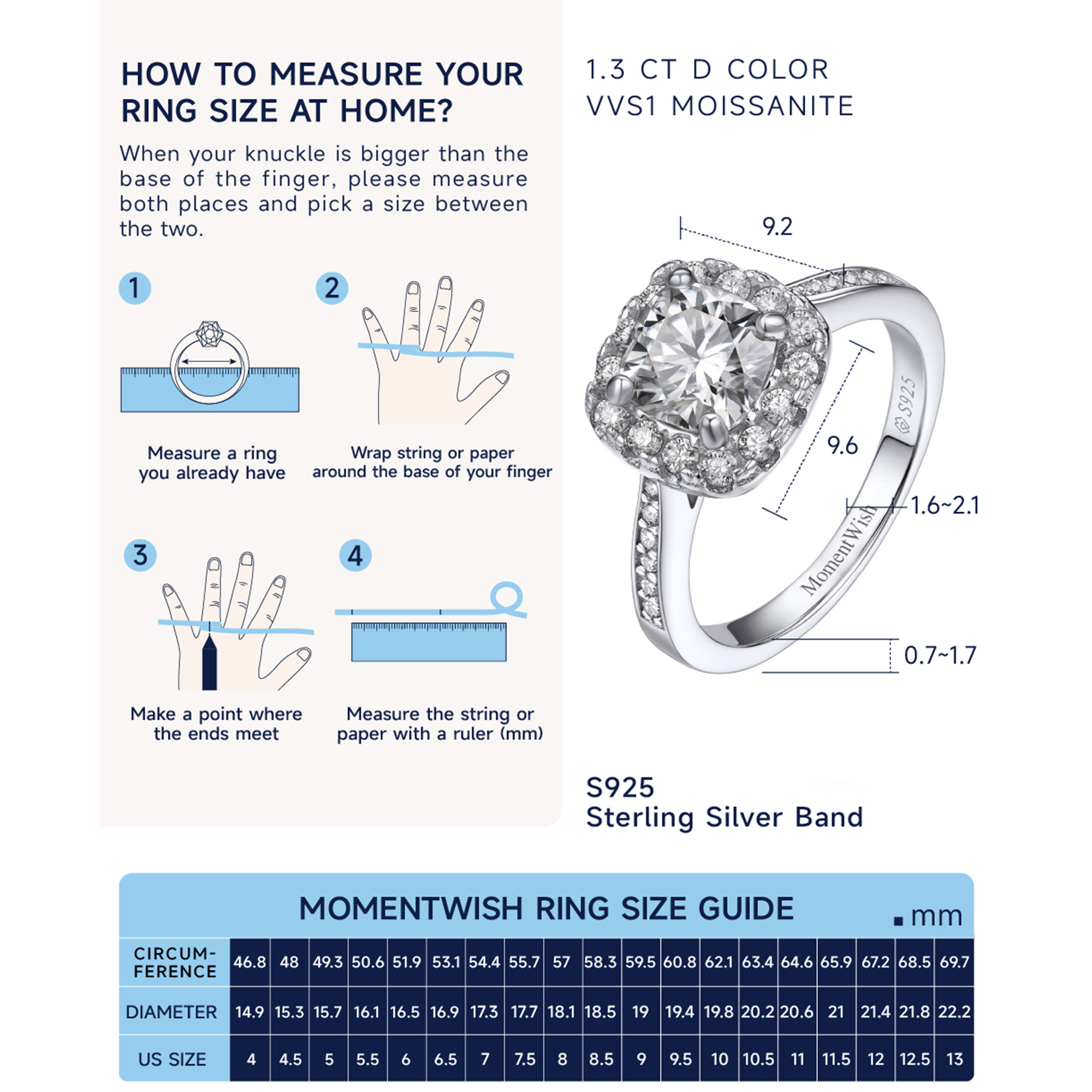 How to Measure 1 Carat Halo Cushion Cut Channel Set Moissanite Engagement Ring Size