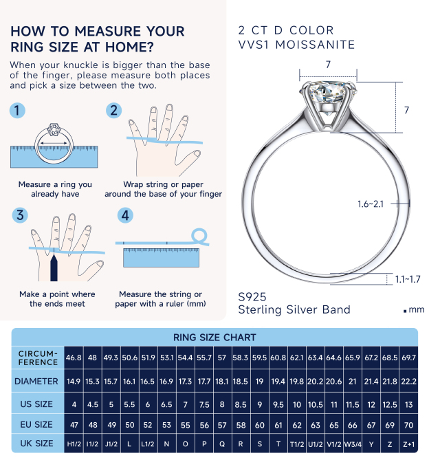 How to Measure 2 Carat Four Prong Solitaire Moissanite Engagement Ring Size