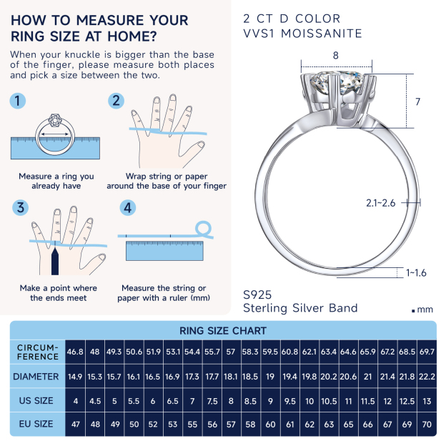 How to Measure 2 Carat Solitaire Moissanite Snowflake Engagement Ring Size