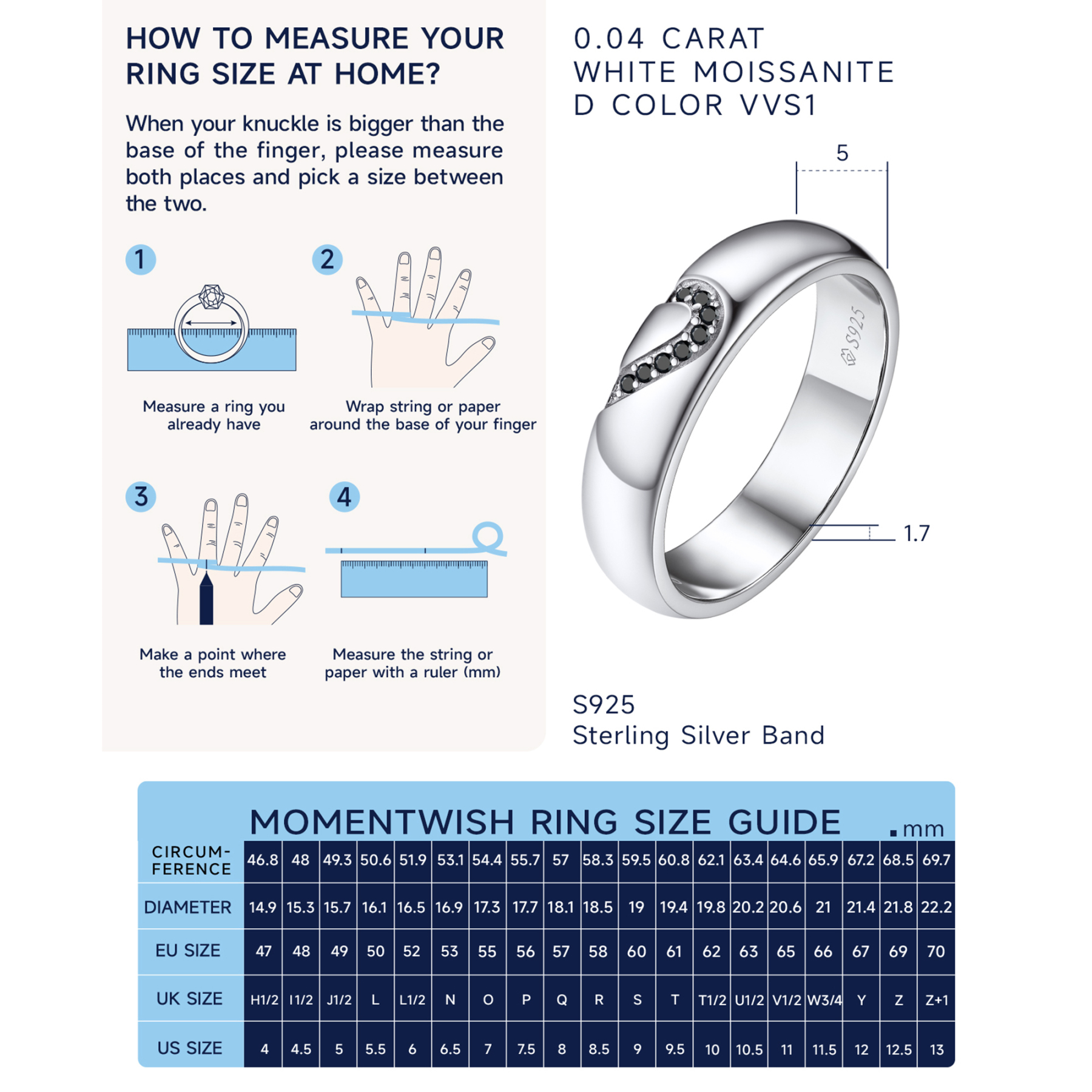 How to Measure Moissanite His Her Heart Promise Ring for Men - Ring Size
