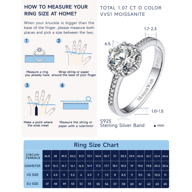 How to Measure Six-Prong Round Cut Channel Set Moissanite Engagement Ring Size