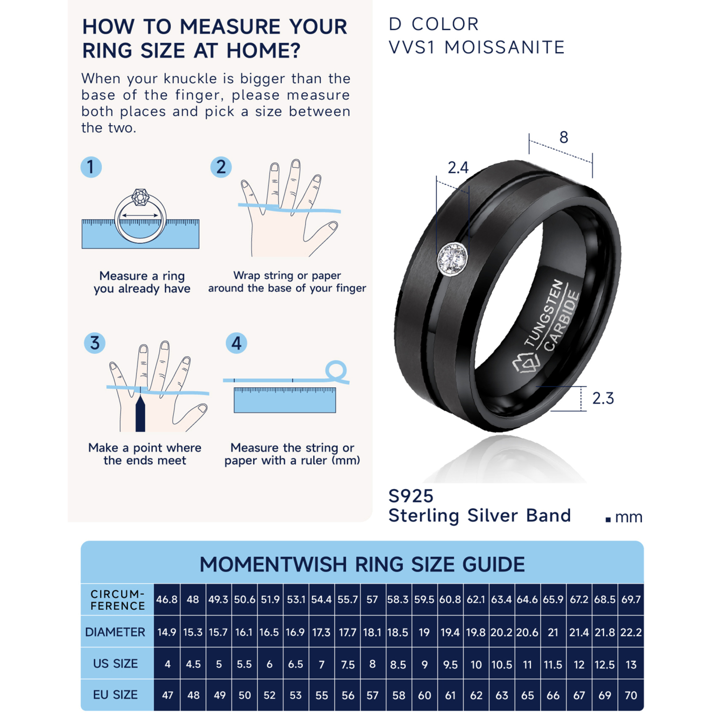 How to Measure Tungsten Carbide Wedding Ring with Moissanite Ring Size