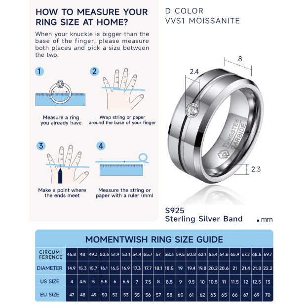 How to Measure Tungsten Carbide Wedding Ring with Moissanite Ring Size
