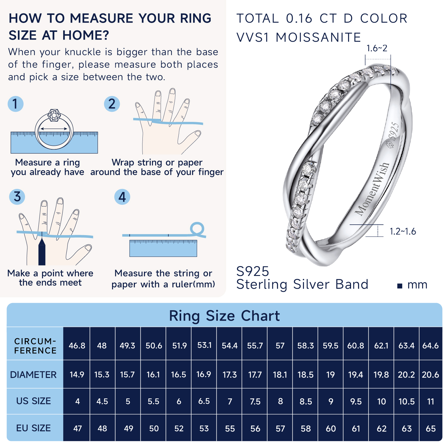 How to Measure Twisted Vine Pavé Moissanite Eternity Wedding Ring Size