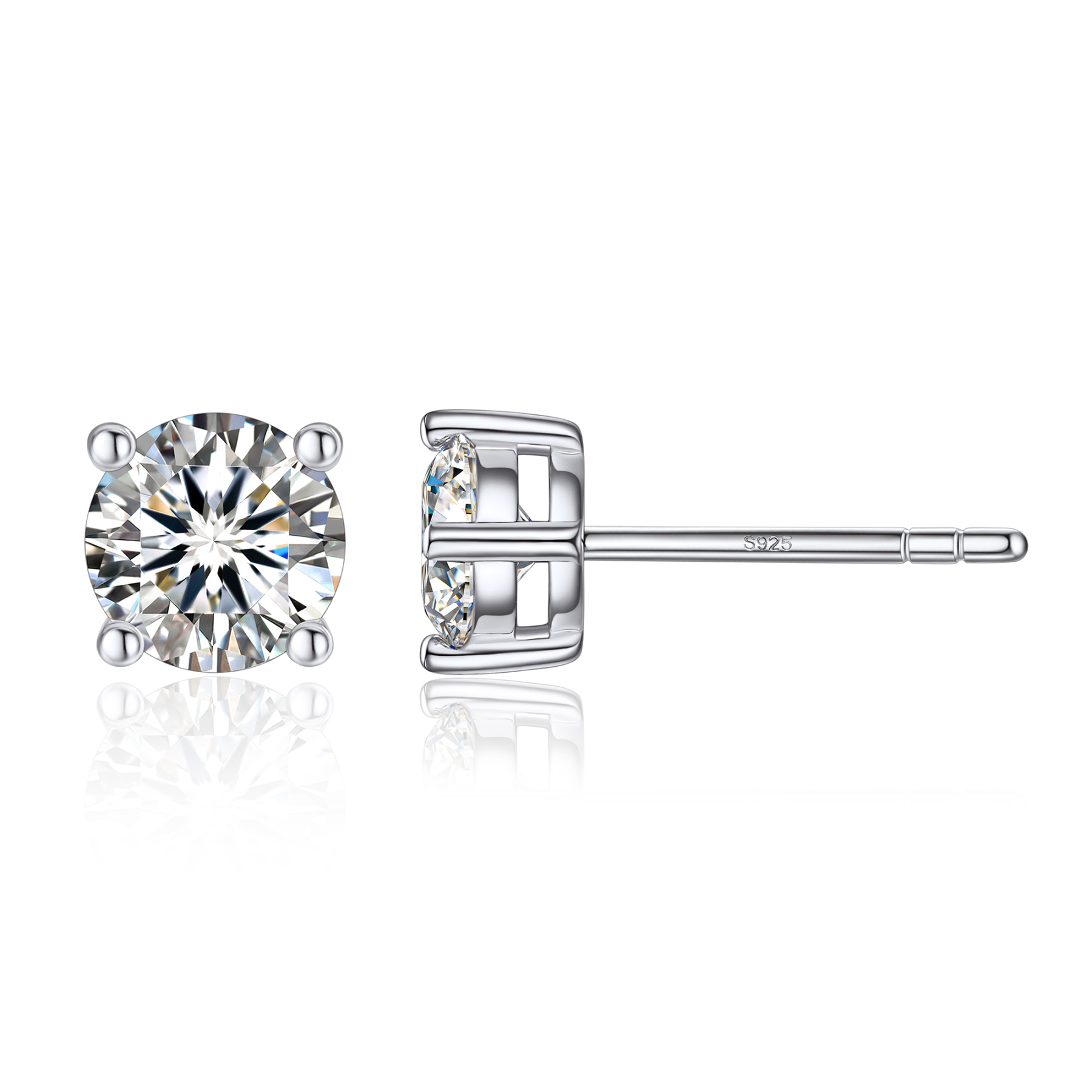 4 Prong Round Stud Moissanite Earrings in White Gold (D Color VVS1)