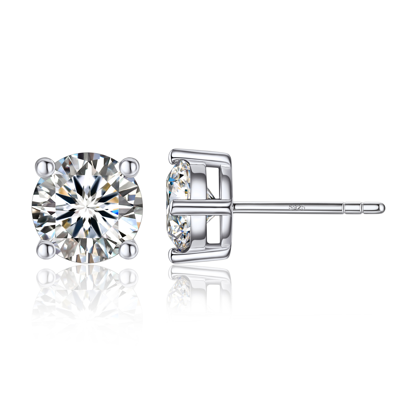 4 Prong Round Stud Moissanite Earrings in White Gold (D Color VVS1)