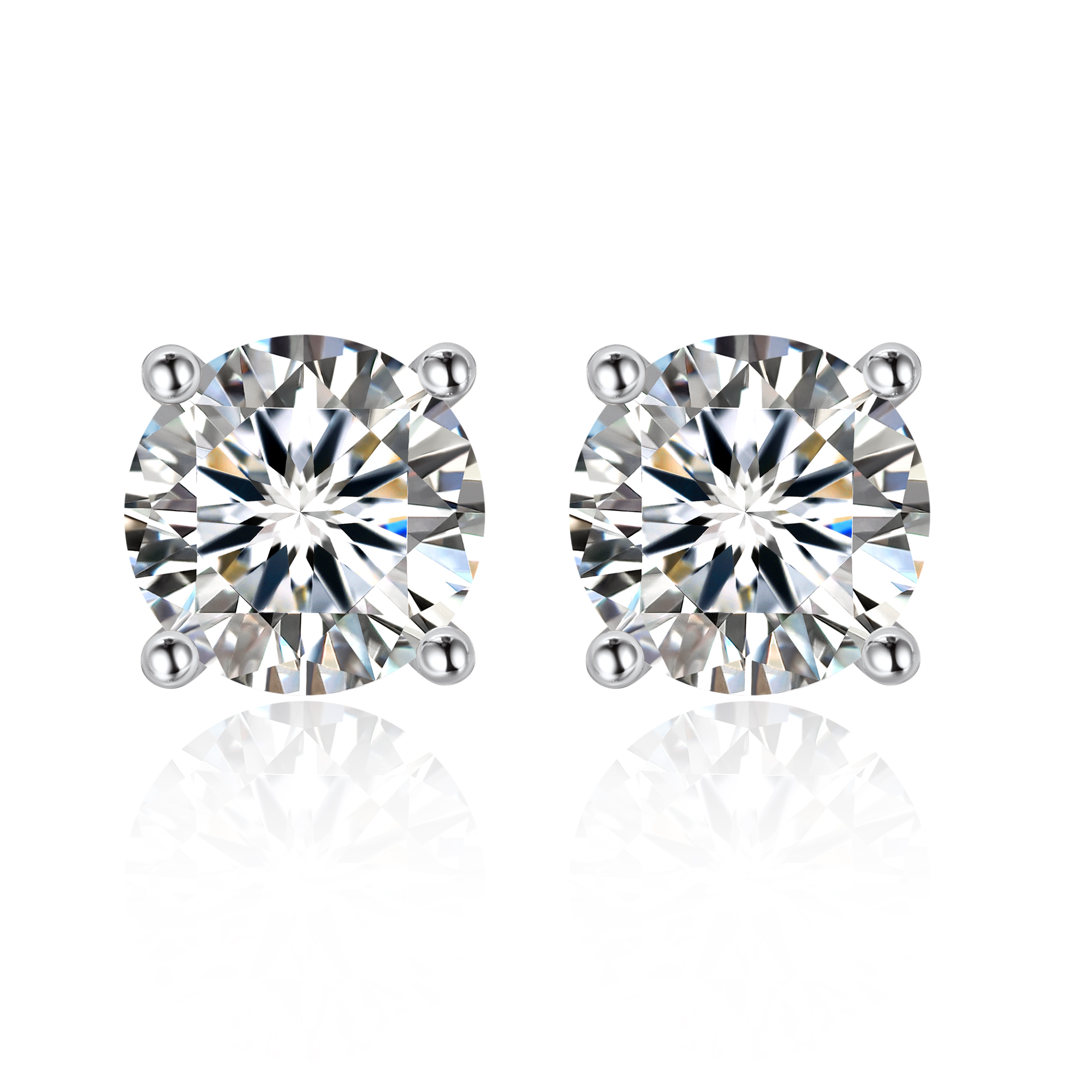 4 Prong Round Stud Moissanite Earrings in White Gold (D Color VVS1)