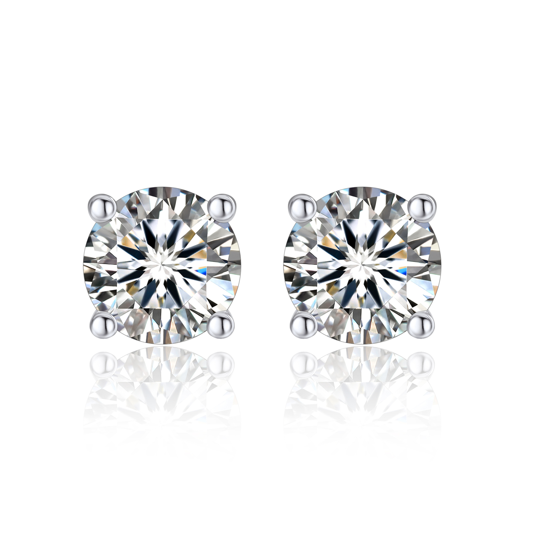 4 Prong Round Stud Moissanite Earrings in White Gold (D Color VVS1)