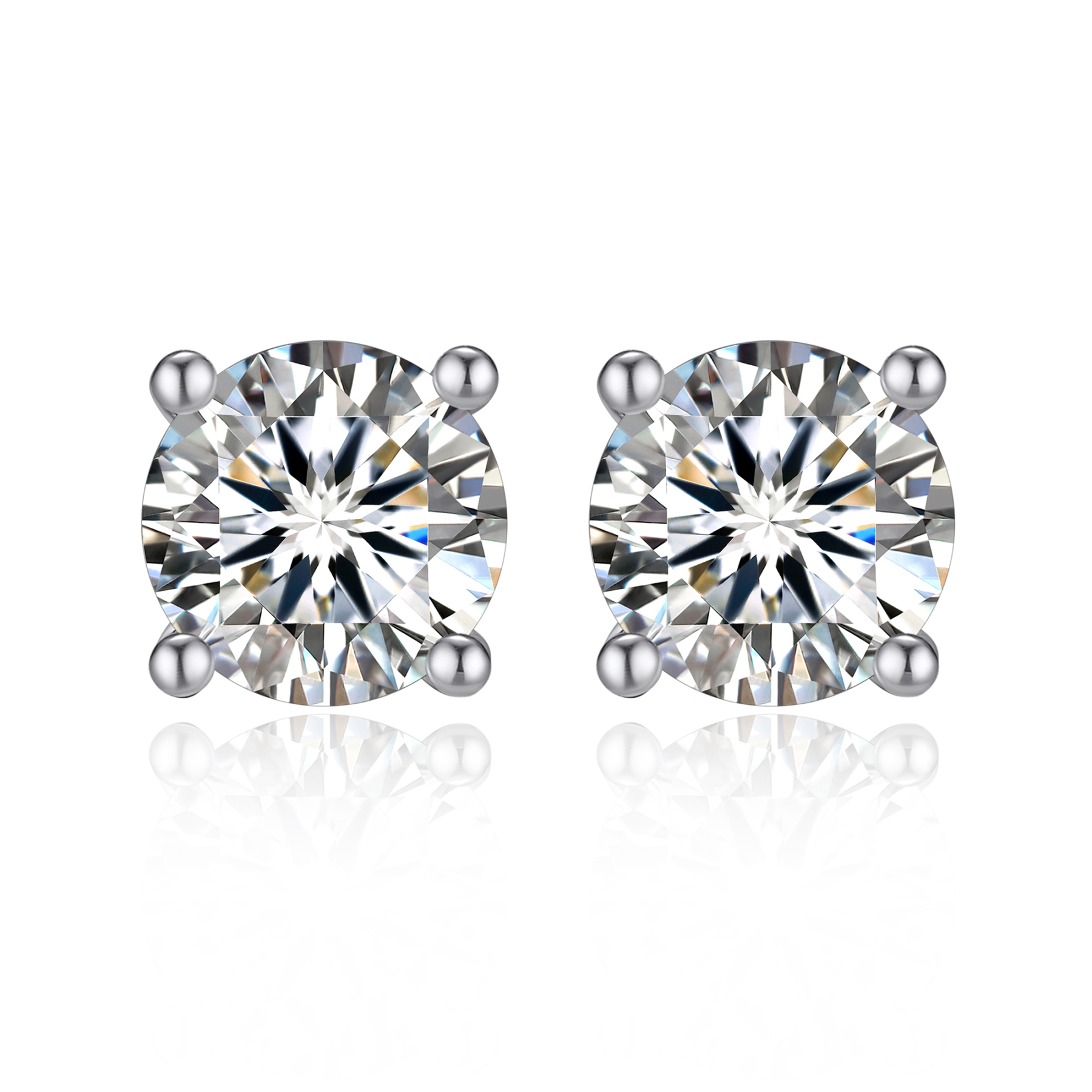 4 Prong Round Stud Moissanite Earrings in White Gold (D Color VVS1)