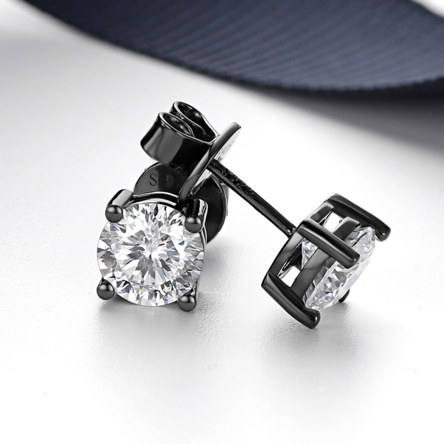4 Prong Round Moissanite Stud Earrings in Black Plated, Sterling Silver