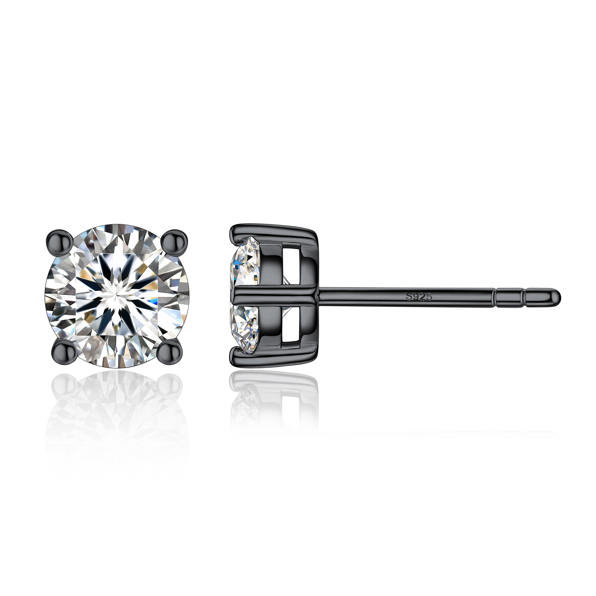 4 Prong Round Stud Moissanite Earrings in Black (D Color VVS1)