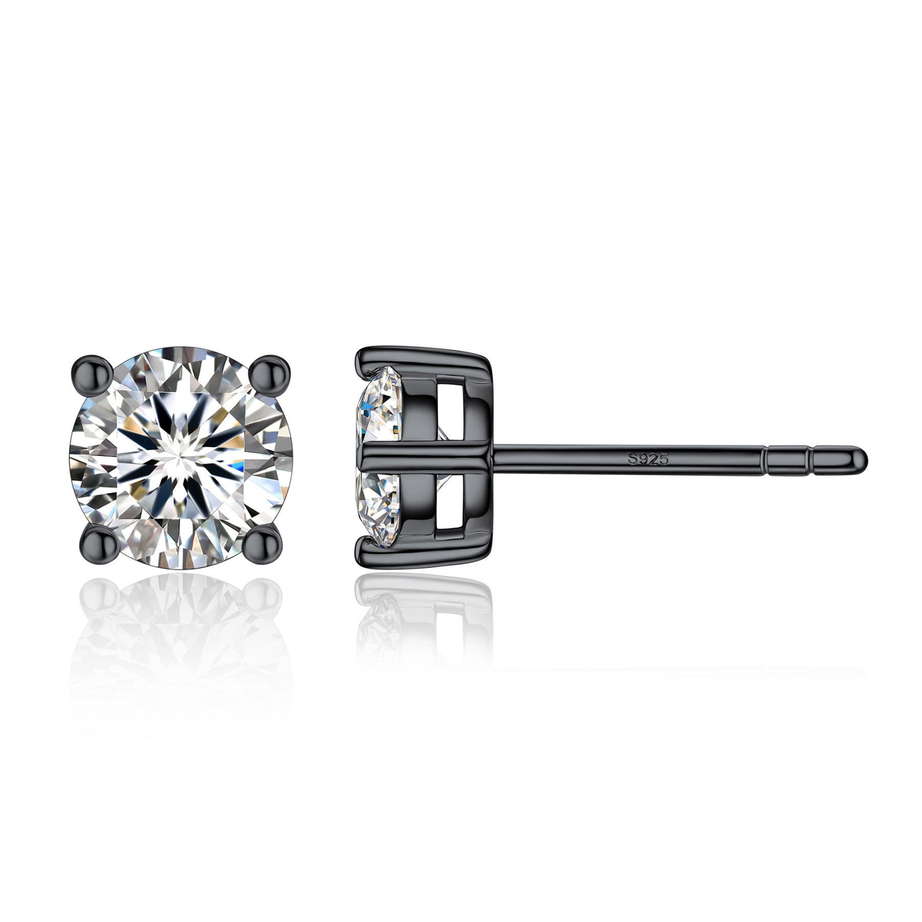 4 Prong Round Stud Moissanite Earrings in Black (D Color VVS1)