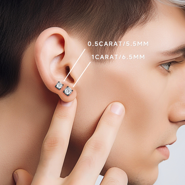 4 Prong Round Moissanite Stud Earrings in Black Plated for Men