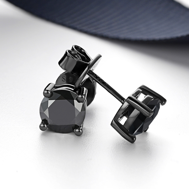 4 Prong Round Black Moissanite Stud Earrings in Black Plated, Sterling Silver-01