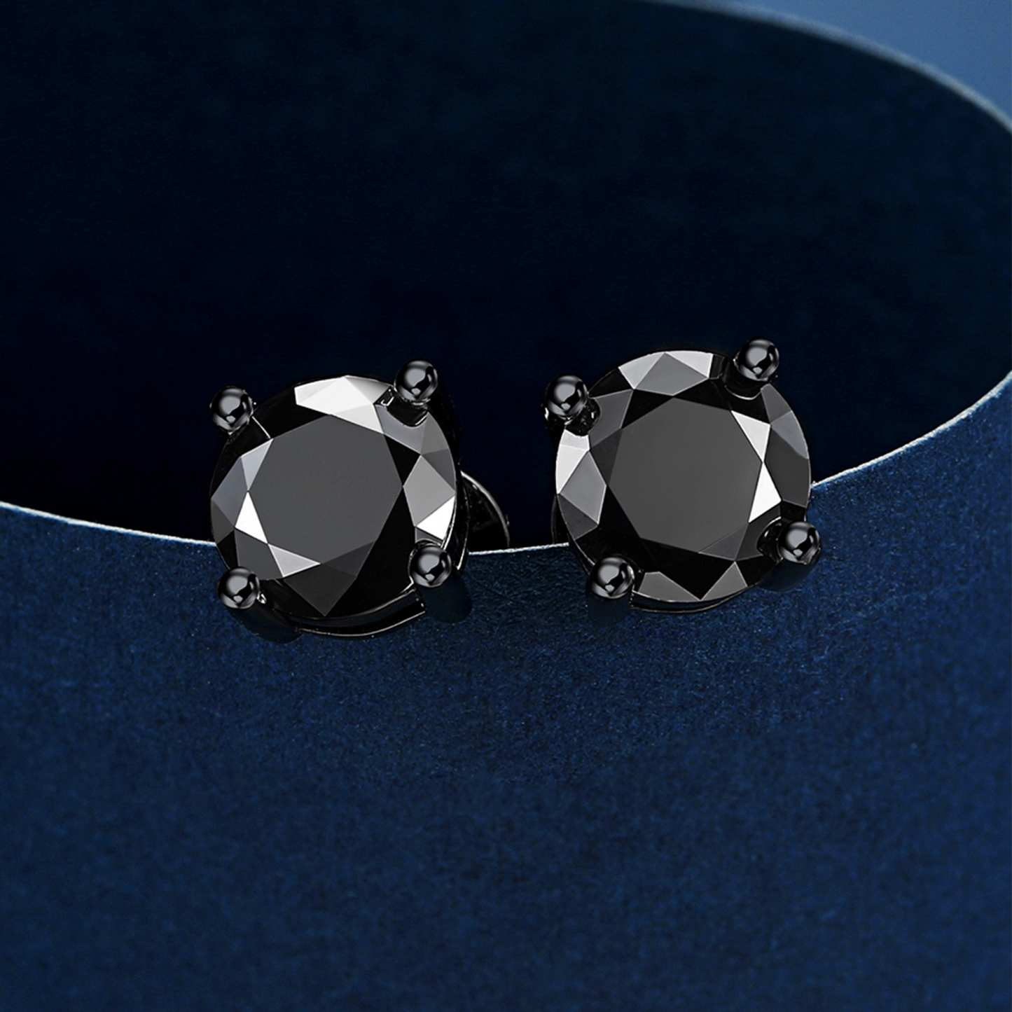4 Prong Round Stud Black Moissanite Earrings in Black (D Color VVS1)
