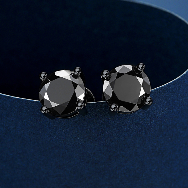 4 Prong Round Black Moissanite Stud Earrings in Black Plated, Sterling Silver-02