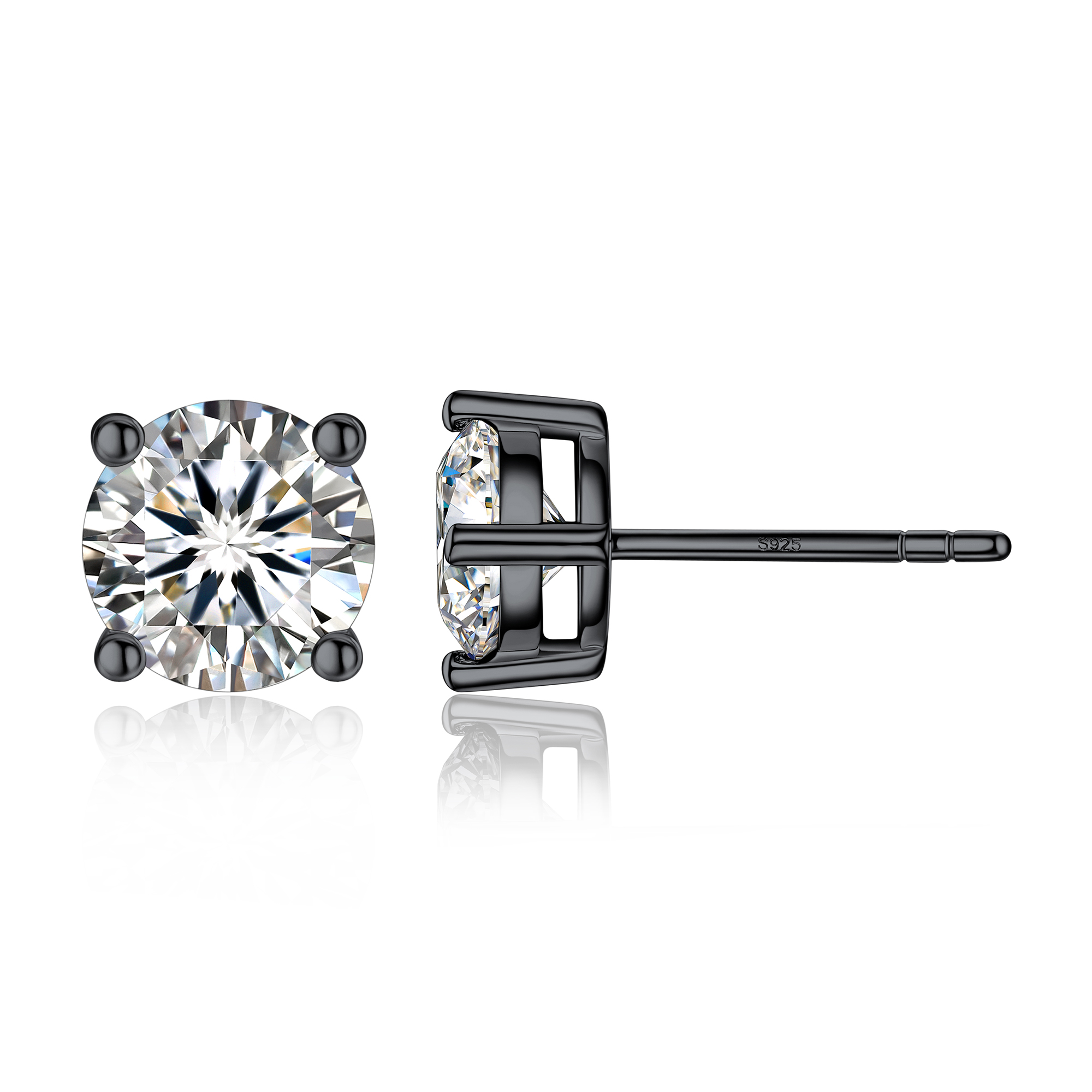 4 Prong Round Stud Moissanite Earrings in Black (D Color VVS1)