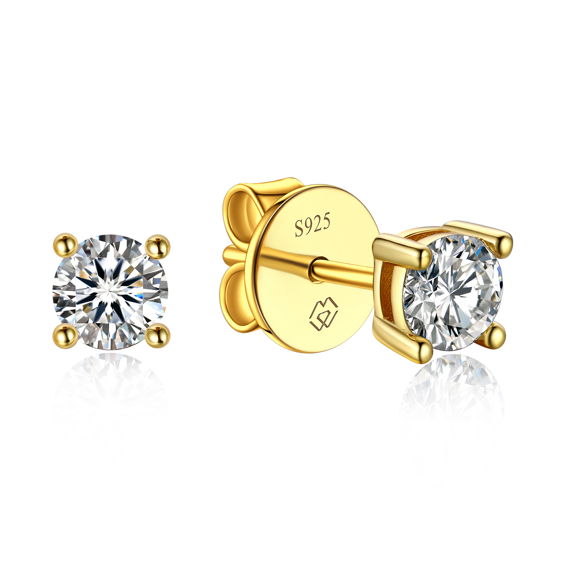 4 Prong Round Stud Moissanite Earrings in 14K Gold Plated (D Color VVS1)