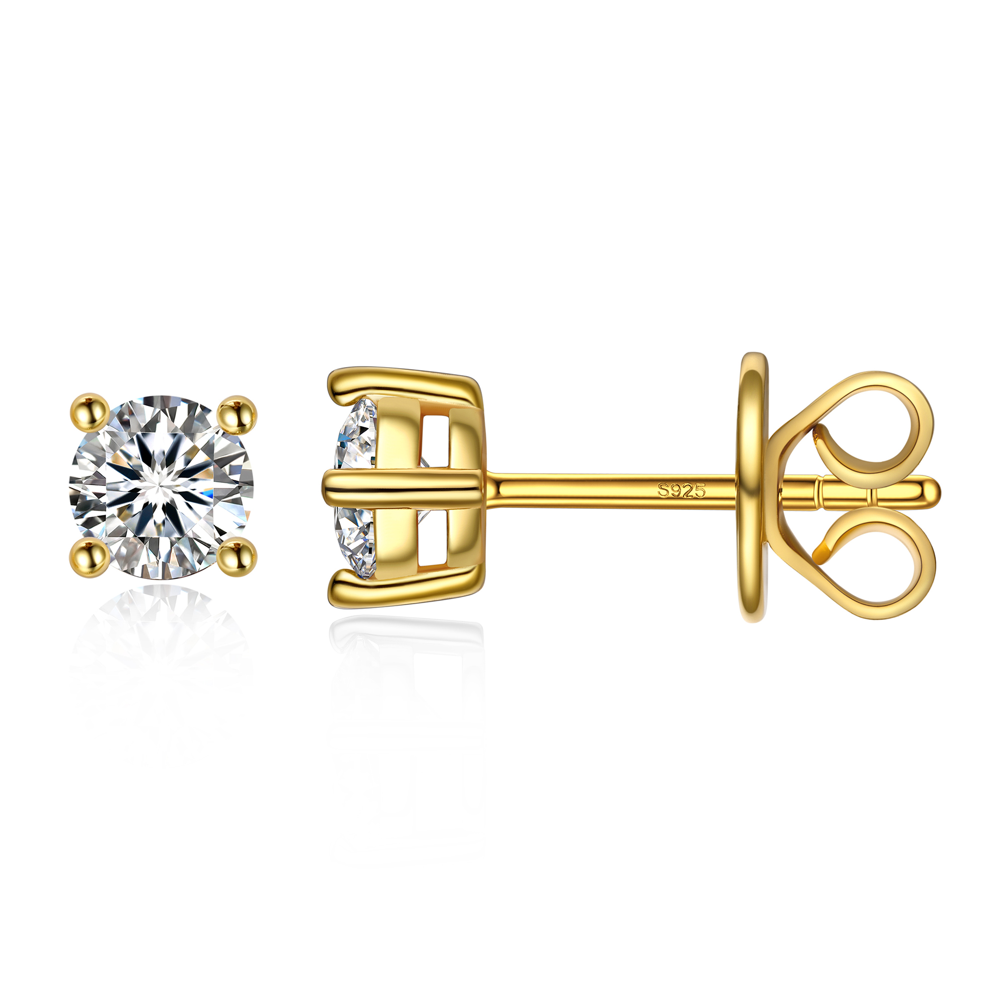 4 Prong Round Stud Moissanite Earrings in 14K Gold Plated (D Color VVS1)