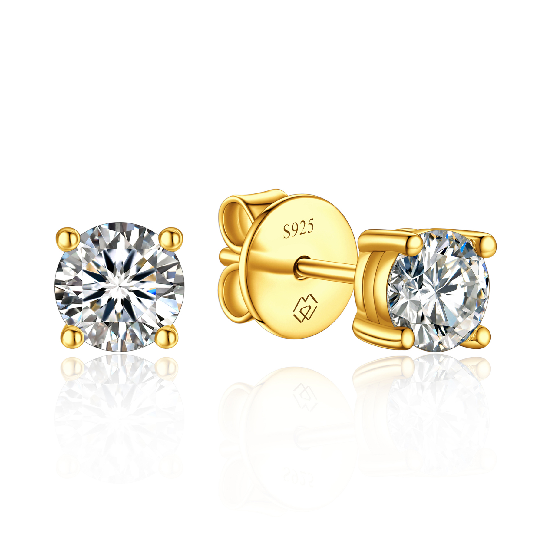 4 Prong Round Stud Moissanite Earrings in Yellow Gold (D Color VVS1)
