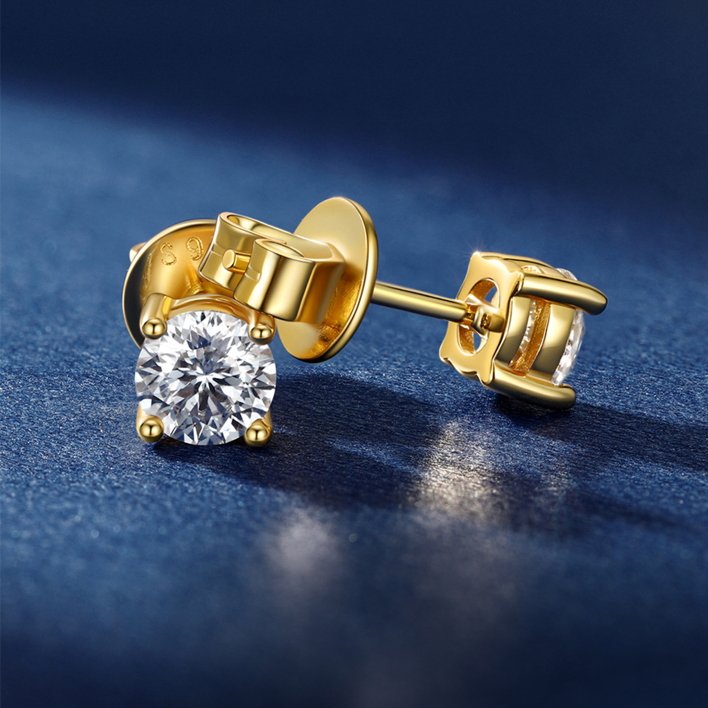 4 Prong Round Stud Moissanite Earrings in Yellow Gold (D Color VVS1)