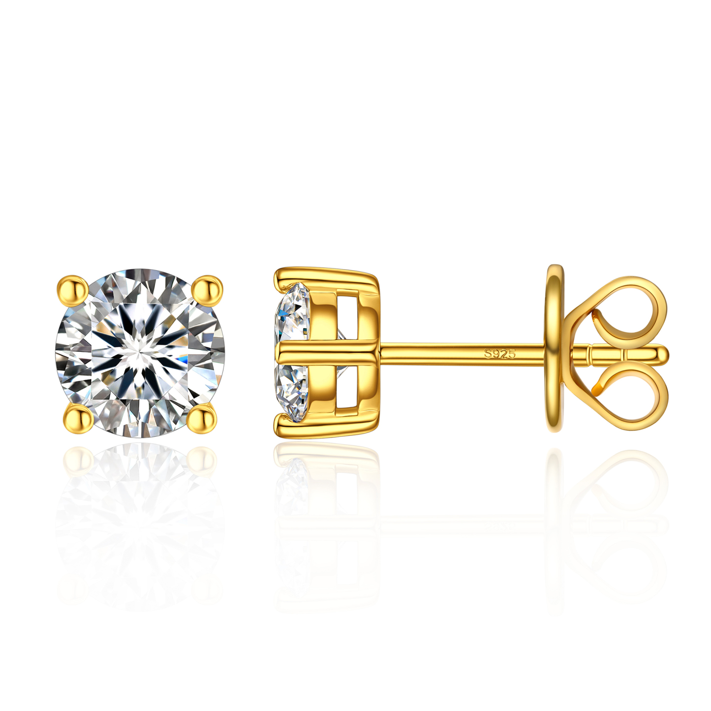 4 Prong Round Stud Moissanite Earrings in Yellow Gold (D Color VVS1)
