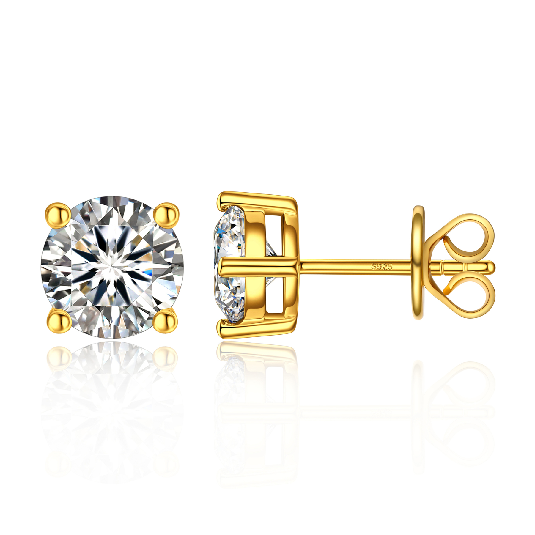 4 Prong Round Stud Moissanite Earrings in Yellow Gold (D Color VVS1)