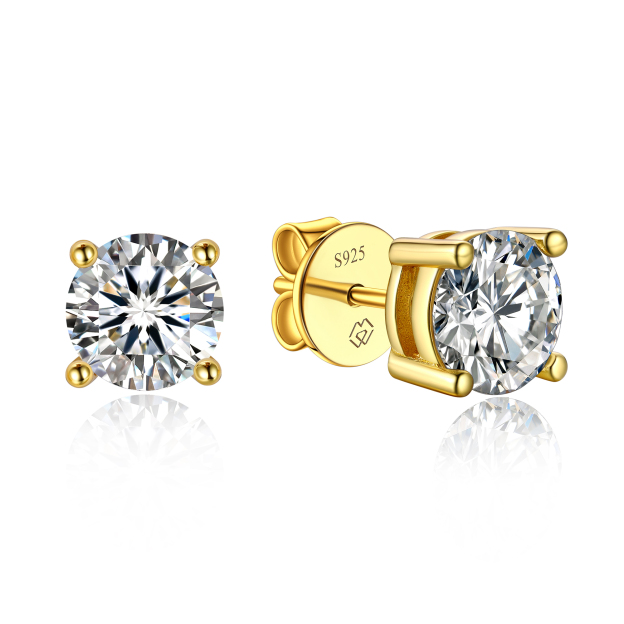 1 Carat Four Prong Round Moissanite Stud Earrings in Yellow Gold-02