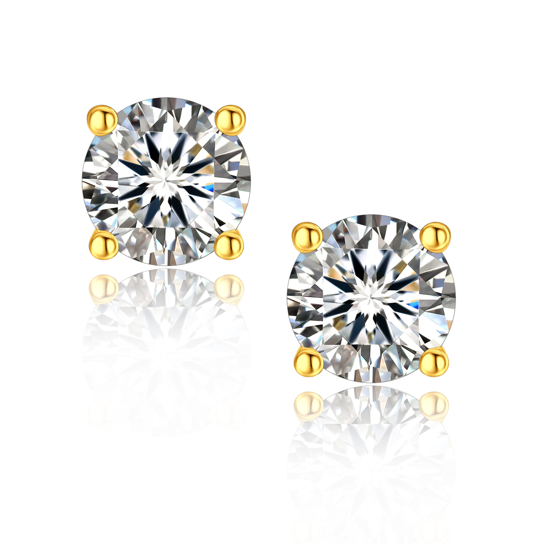 4 Prong Round Stud Moissanite Earrings in Yellow Gold (D Color VVS1)