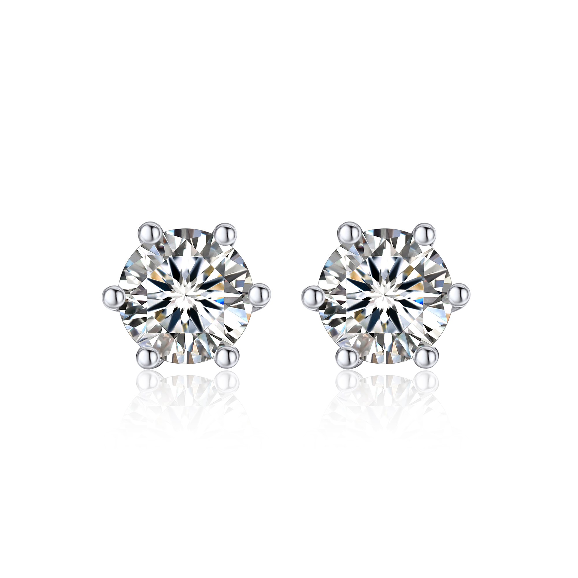 6 Prong Round Stud Moissanite Earrings in White Gold (D Color VVS1)