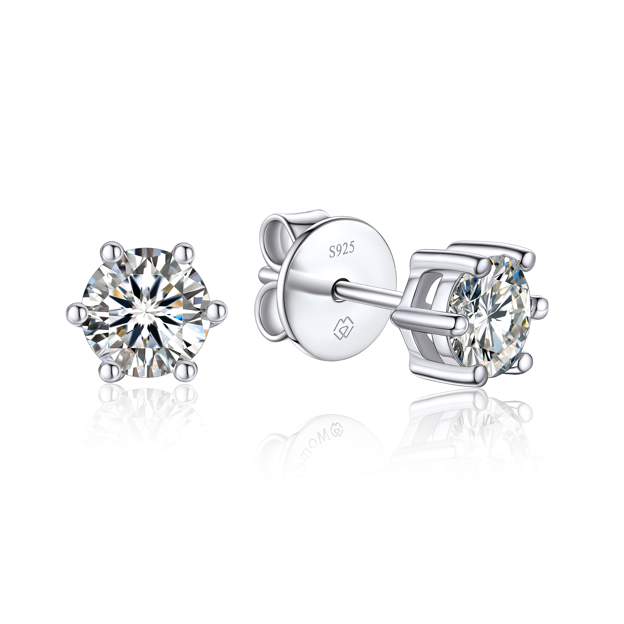 6 Prong Round Stud Moissanite Earrings in White Gold (D Color VVS1)