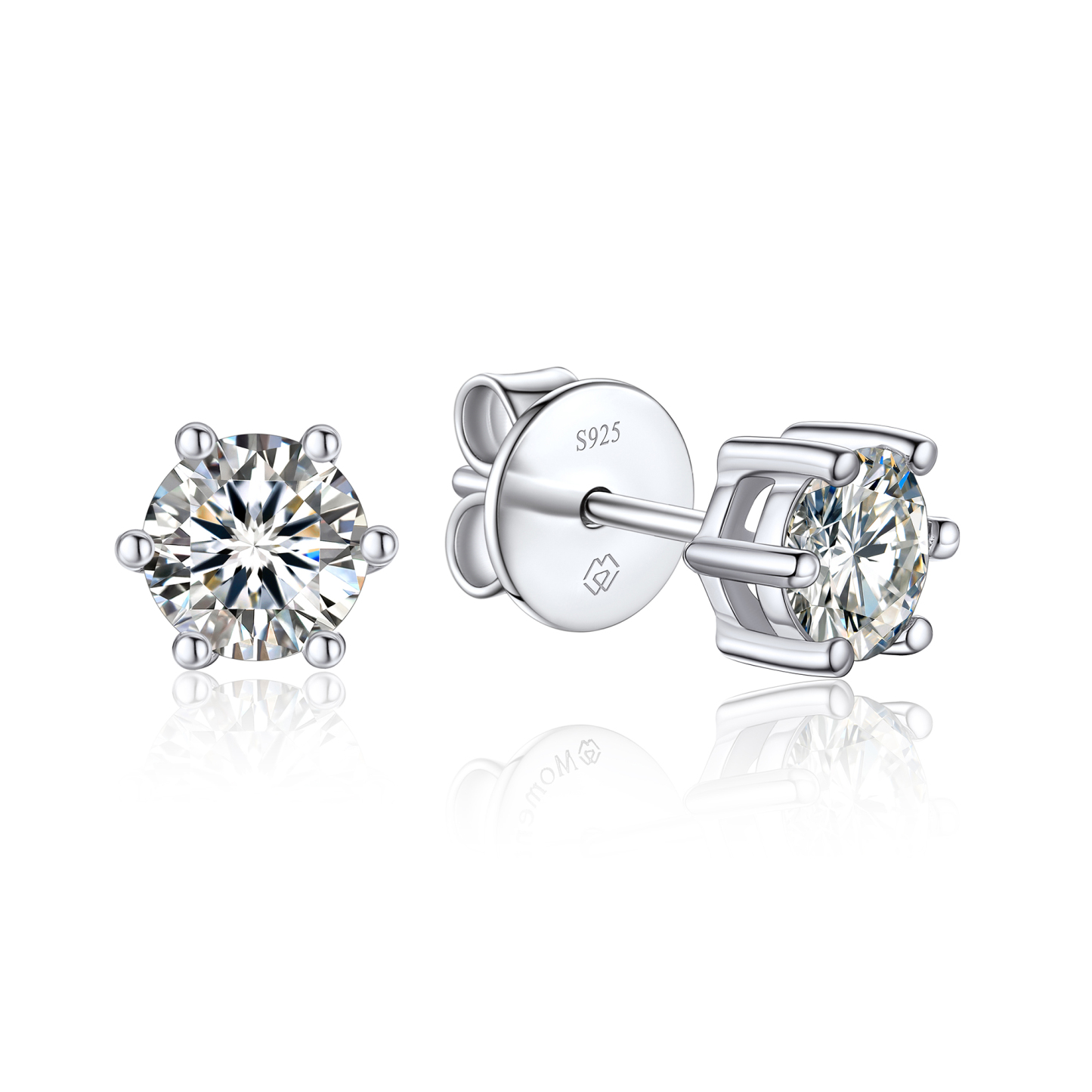 6 Prong Round Stud Moissanite Earrings in White Gold (D Color VVS1)