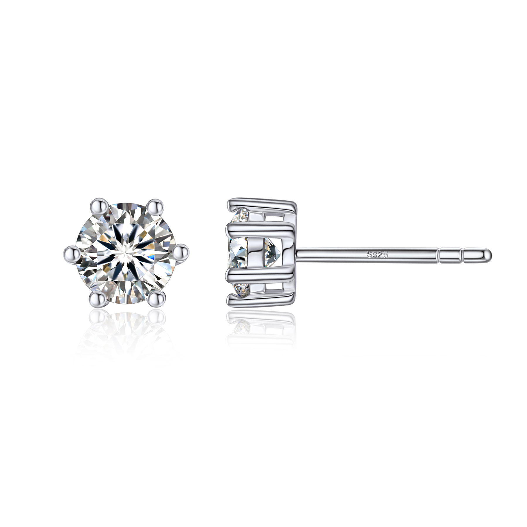 6 Prong Round Stud Moissanite Earrings in White Gold (D Color VVS1)