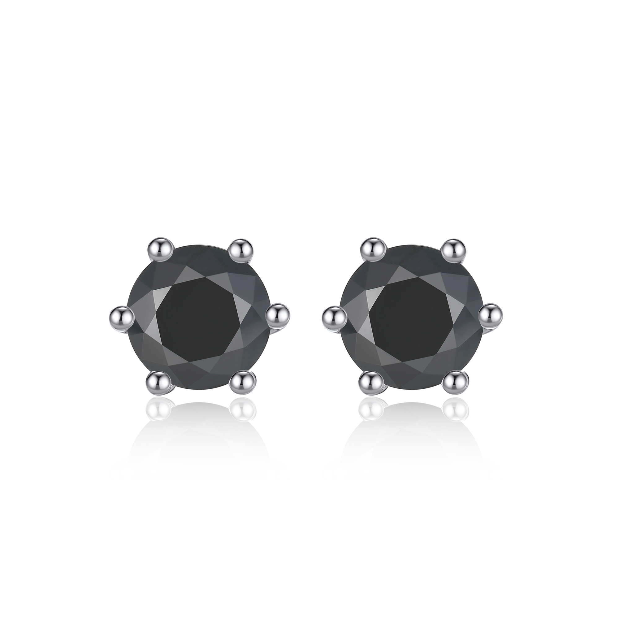 6 Prong Round Stud Black Moissanite Earrings in White Gold (D Color VVS1)