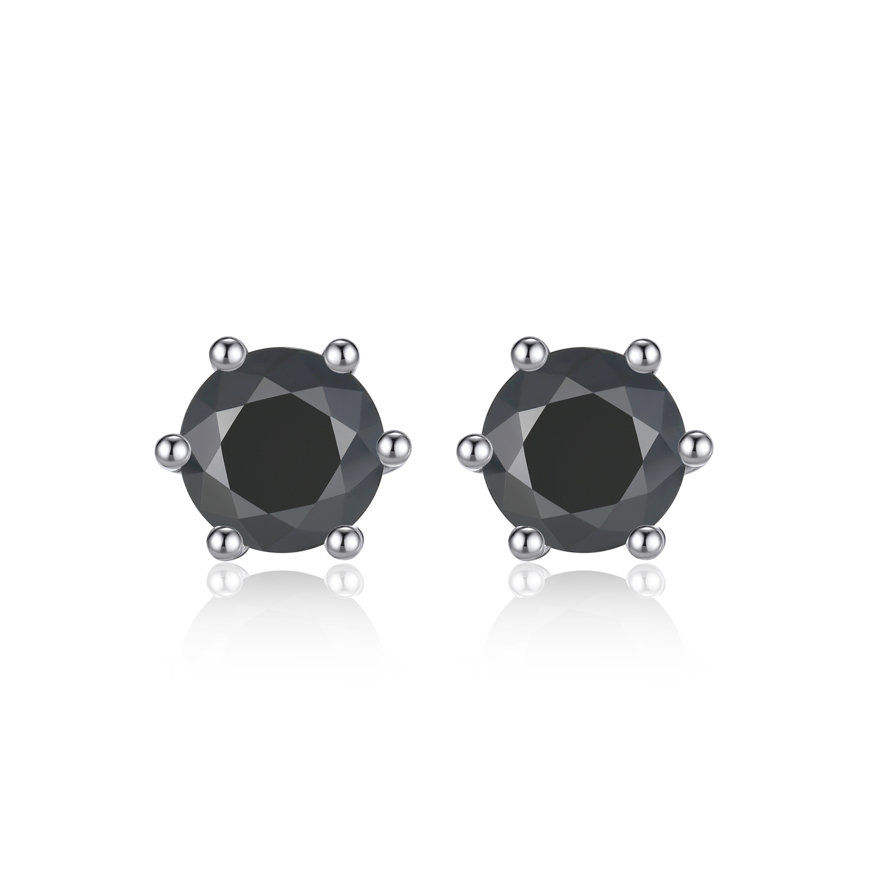 6 Prong Round Stud Black Moissanite Earrings in White Gold (D Color VVS1)