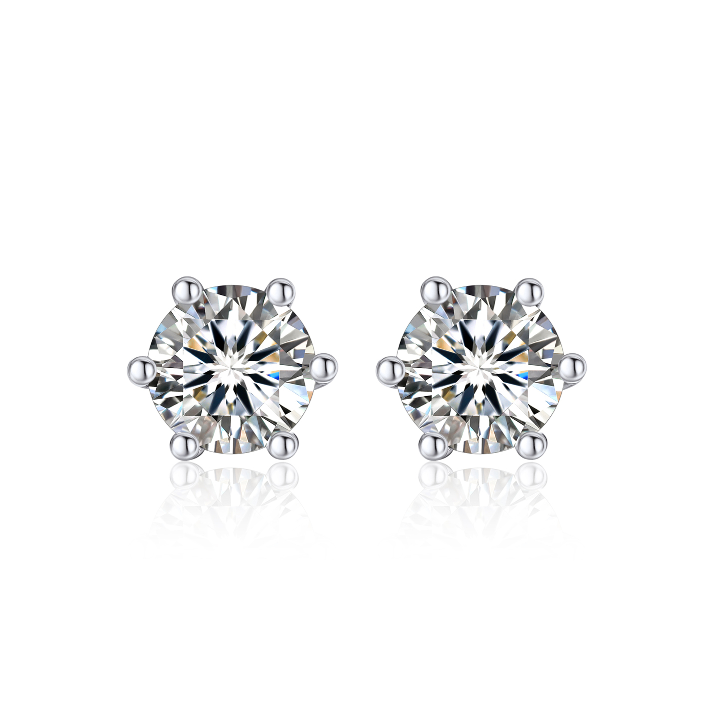 6 Prong Round Stud Moissanite Earrings in White Gold (D Color VVS1)