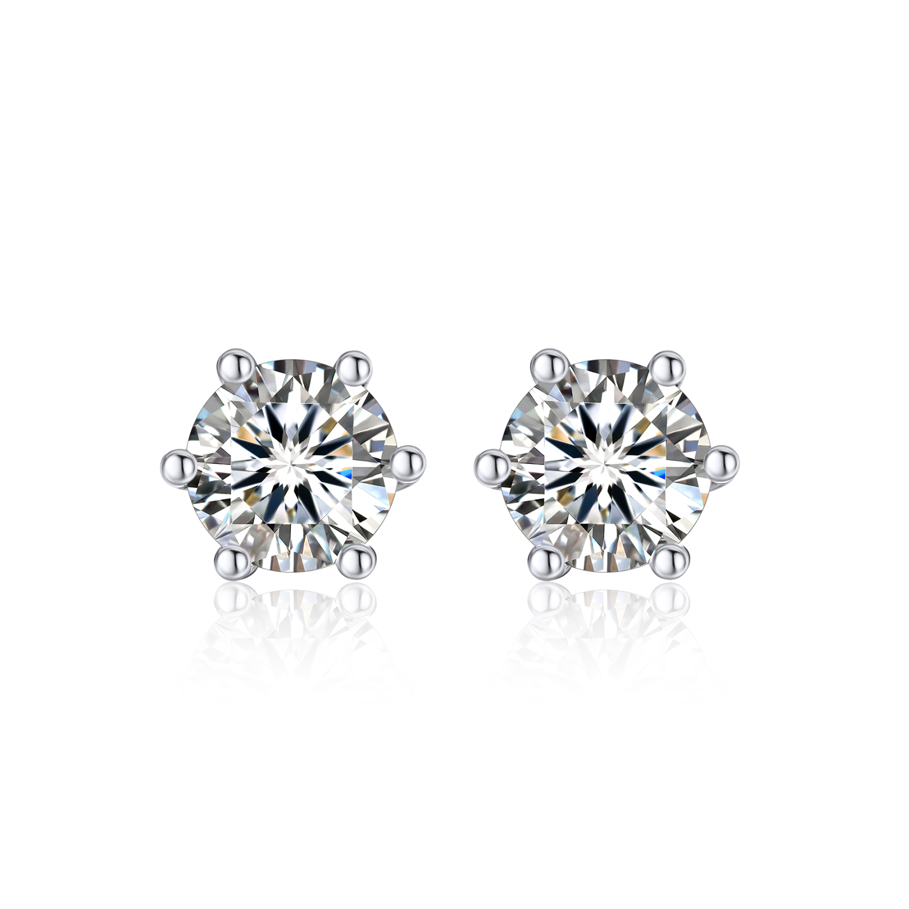 6 Prong Round Stud Moissanite Earrings in White Gold (D Color VVS1)