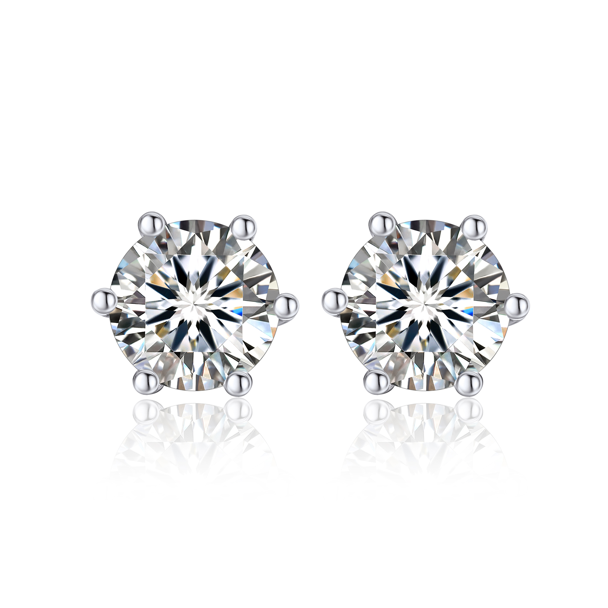 6 Prong Round Stud Moissanite Earrings in White Gold (D Color VVS1)