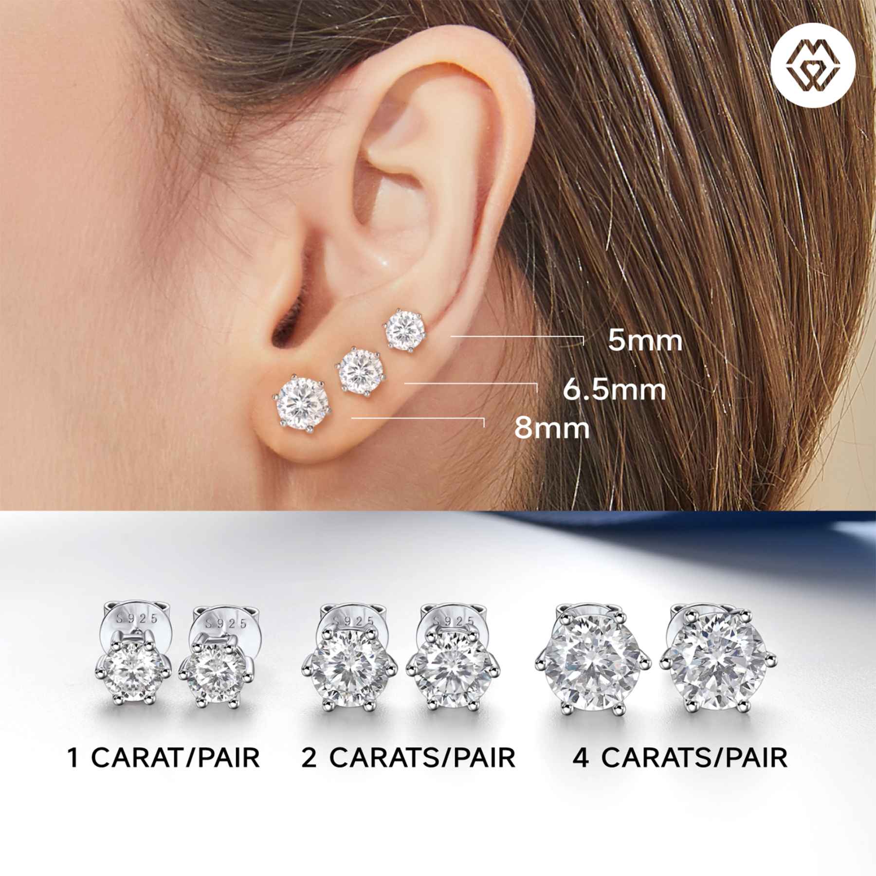 6 Prong Round Stud Moissanite Earrings in White Gold (D Color VVS1)