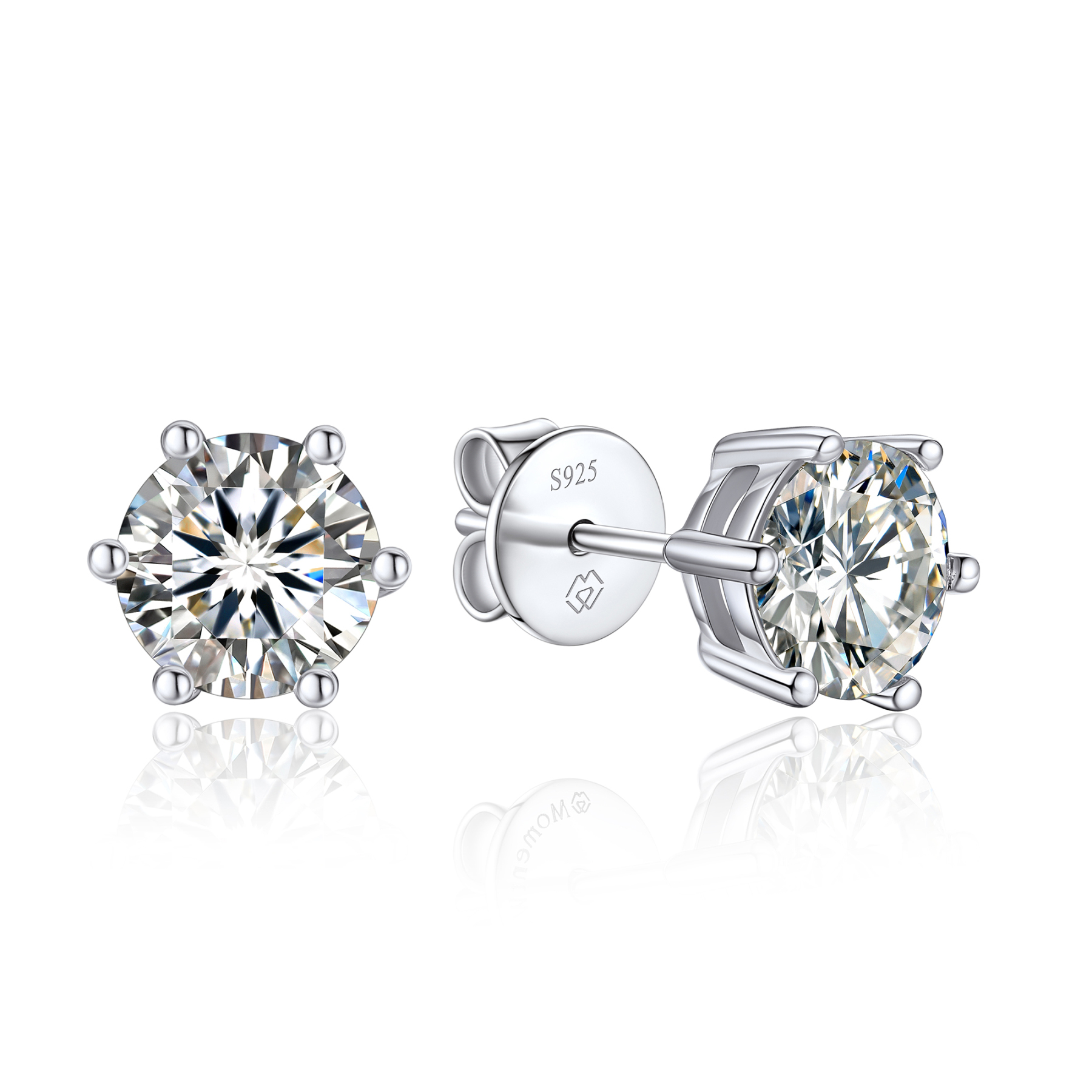 6 Prong Round Stud Moissanite Earrings in White Gold (D Color VVS1)