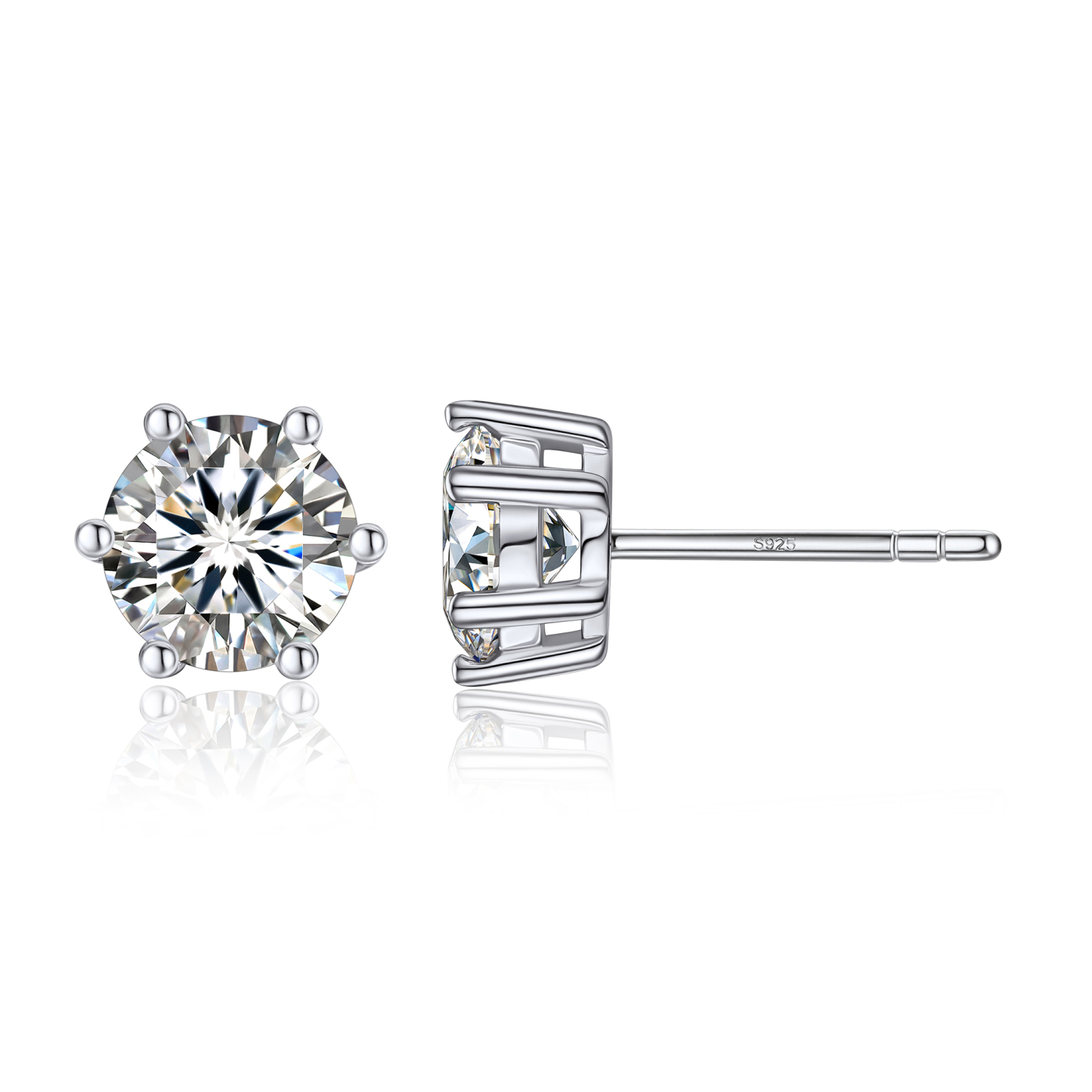 6 Prong Round Stud Moissanite Earrings in White Gold (D Color VVS1)