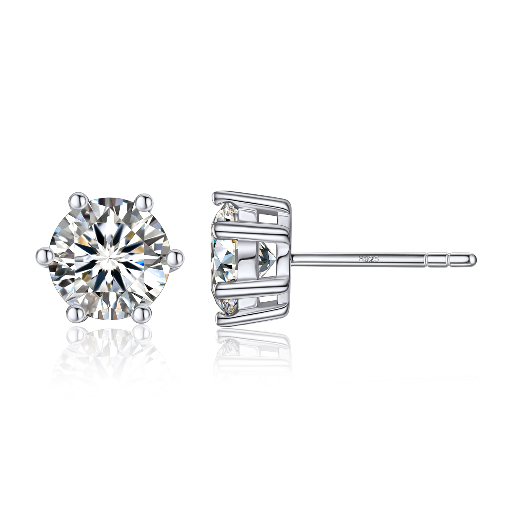 6 Prong Round Stud Moissanite Earrings in White Gold (D Color VVS1)