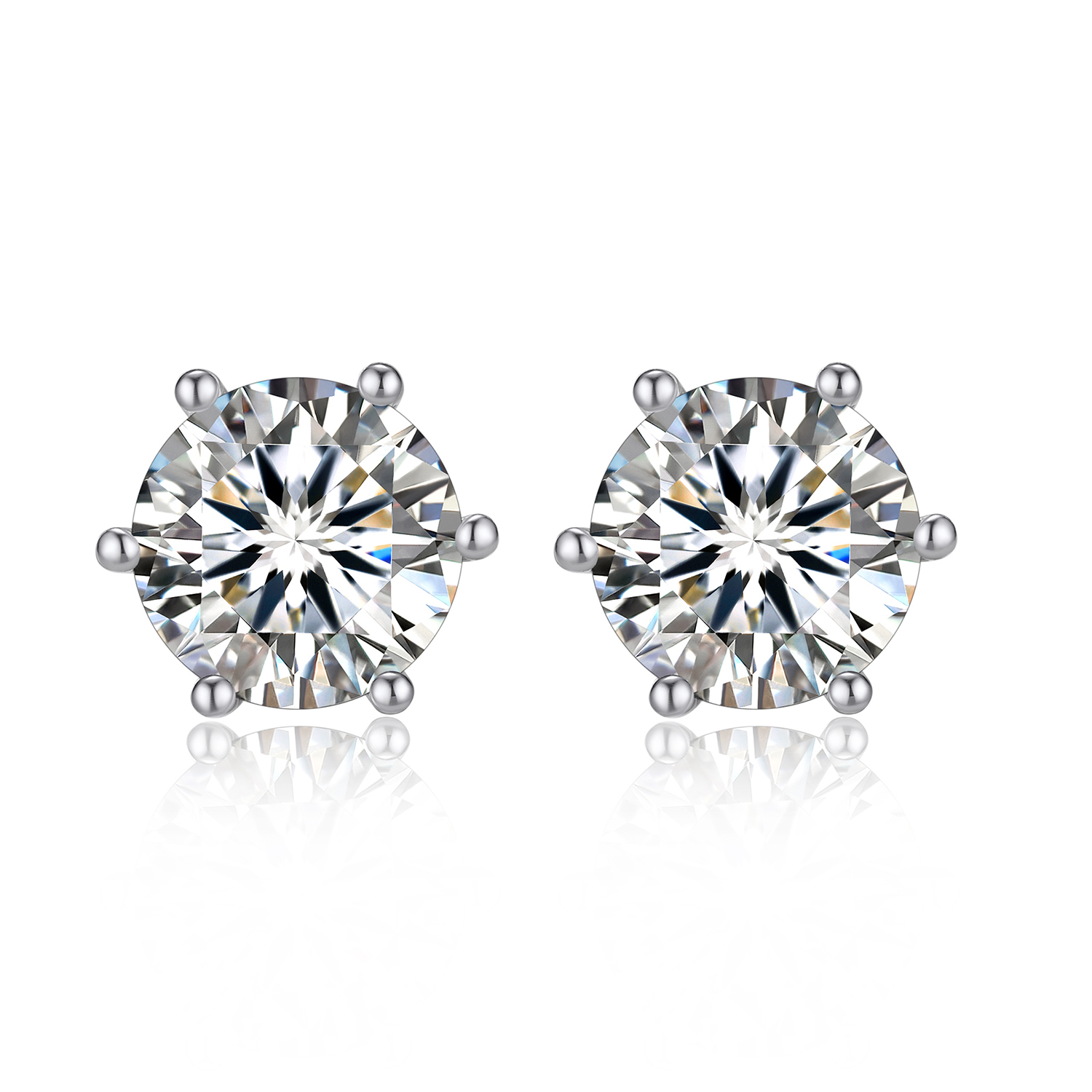 6 Prong Round Stud Moissanite Earrings in White Gold (D Color VVS1)